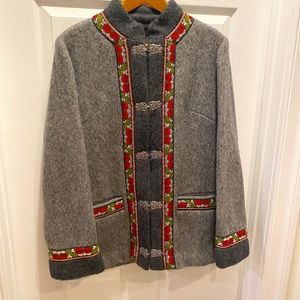 XL Norwegian Gray Wool Coat with traditional trim and decorative closures